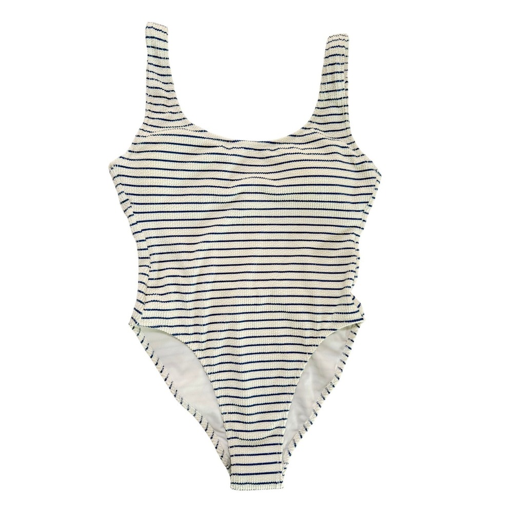 J.Crew One Piece Swimsuit Women Size 8 Ivory Navy Blue Excellent Striped Ribbed